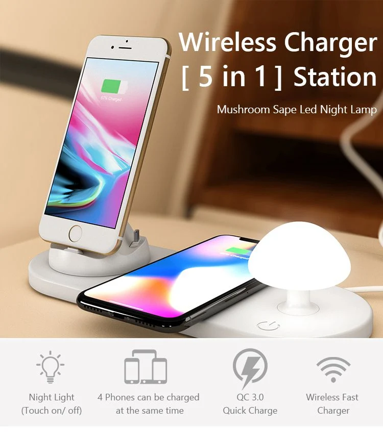 360 Rotating 10W Wireless Charger with Touch-Control Mushroom Night Light