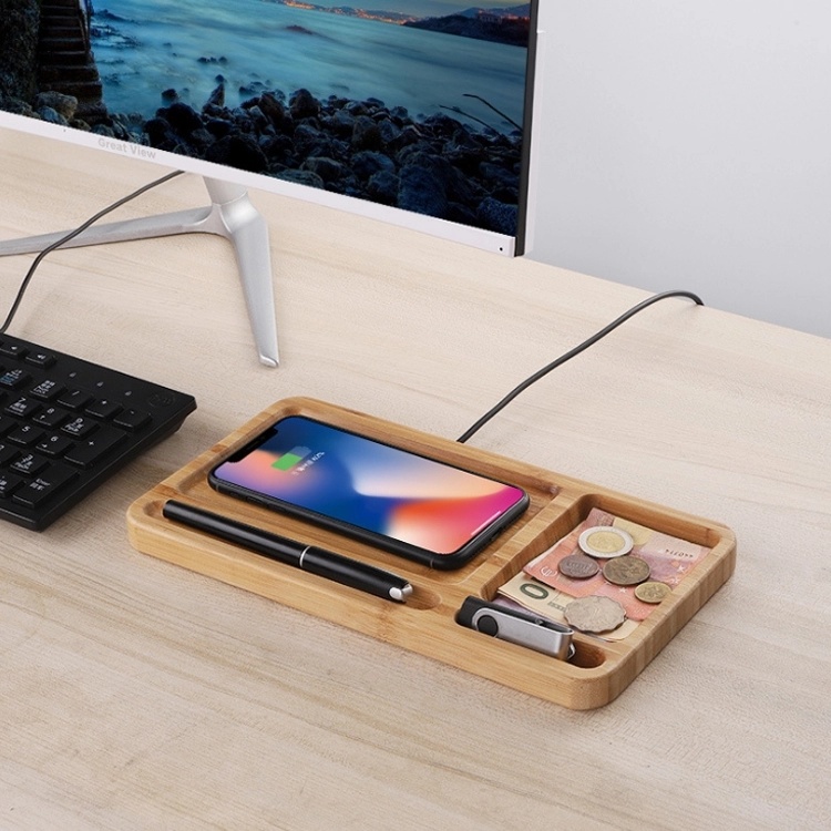 Office Desk Bamboo Mobile Phone Wireless Fast Charger Organizer