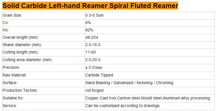 Professional Solid Carbide Left-Hand Reamer Spiral Fluted Reamer