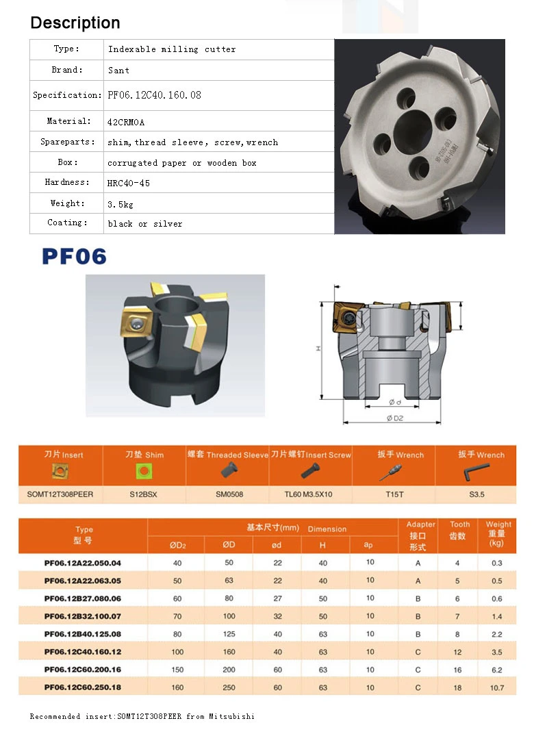 Indexable Face Milling Cutter PF06.12c40.160.08 with Somt12t308 Insert