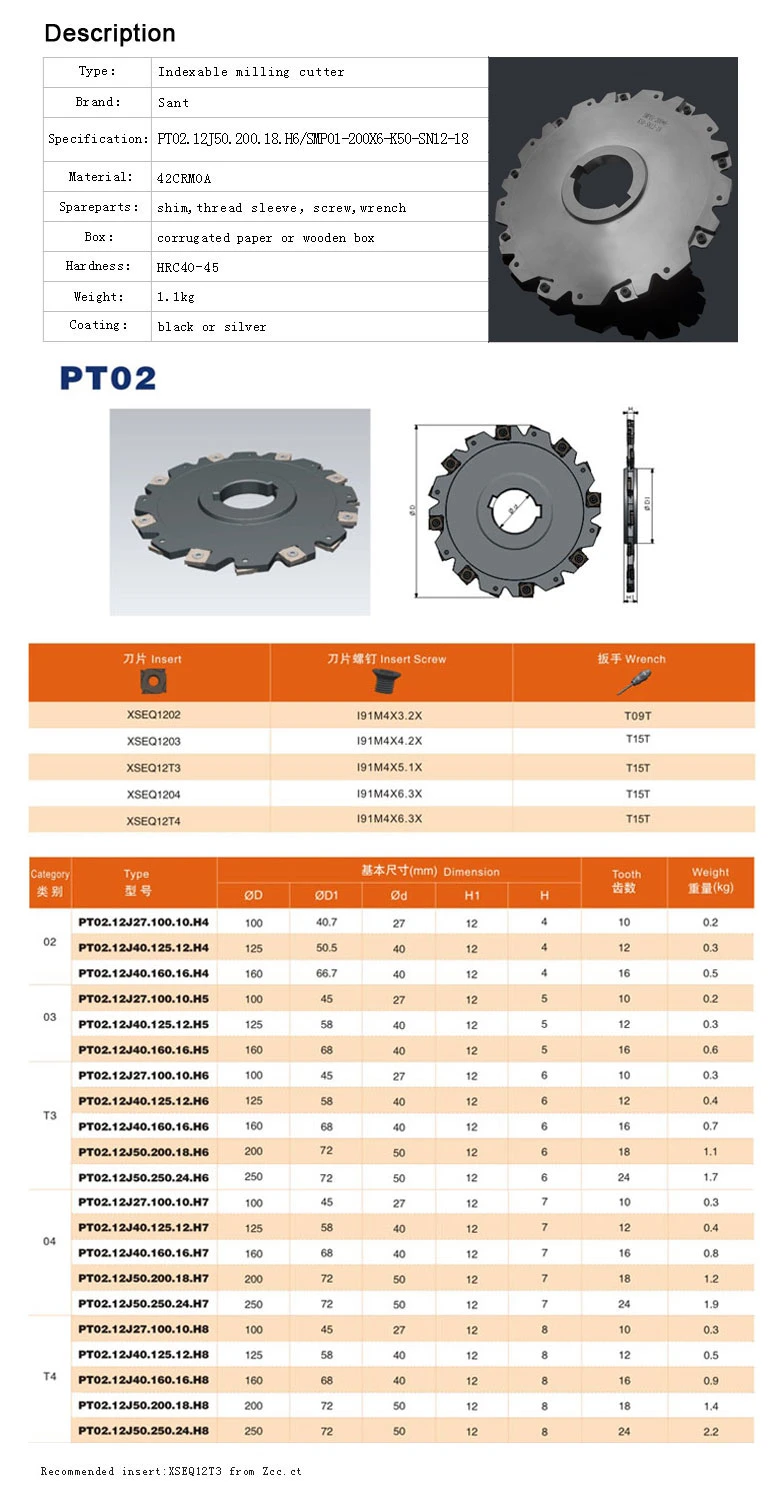 Indexable Side and Face Milling Cutter PT02.12j50.200.18. H6 with Xseq12t3 Insert