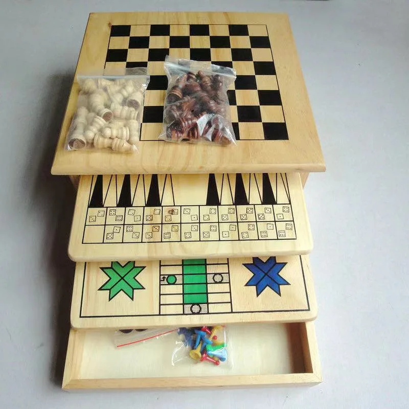 Wooden Chess Board Combination Suit Portable Chess and Card Game Customization