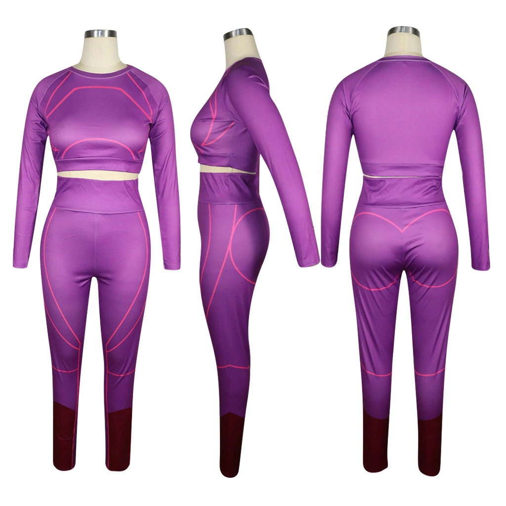 Fancy New Print Fall Autumn Fashion Wholesale Crop Top Sweat Suit Long Sleeve Two Piece Set