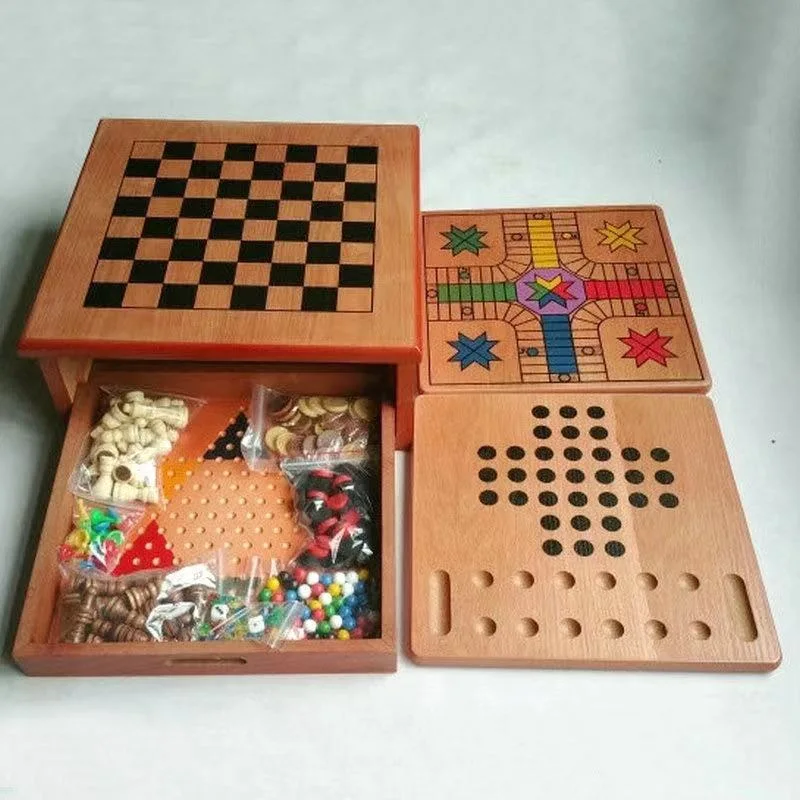 Wooden Chess Board Combination Suit Portable Chess and Card Game Customization