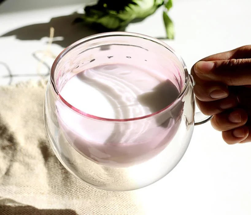 High Borosilicate Pyrex Double Deck Coffee Cup/Double Deck Insulated Milk Cup/Pink Double-Deck Cup