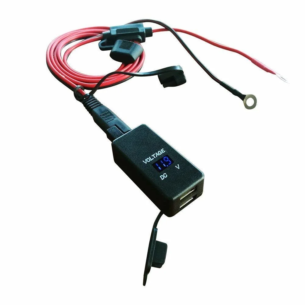 SAE to Dual Waterproof USB Charger W/Voltmeter, 10A Fuse, Motorcycle Phone Charger
