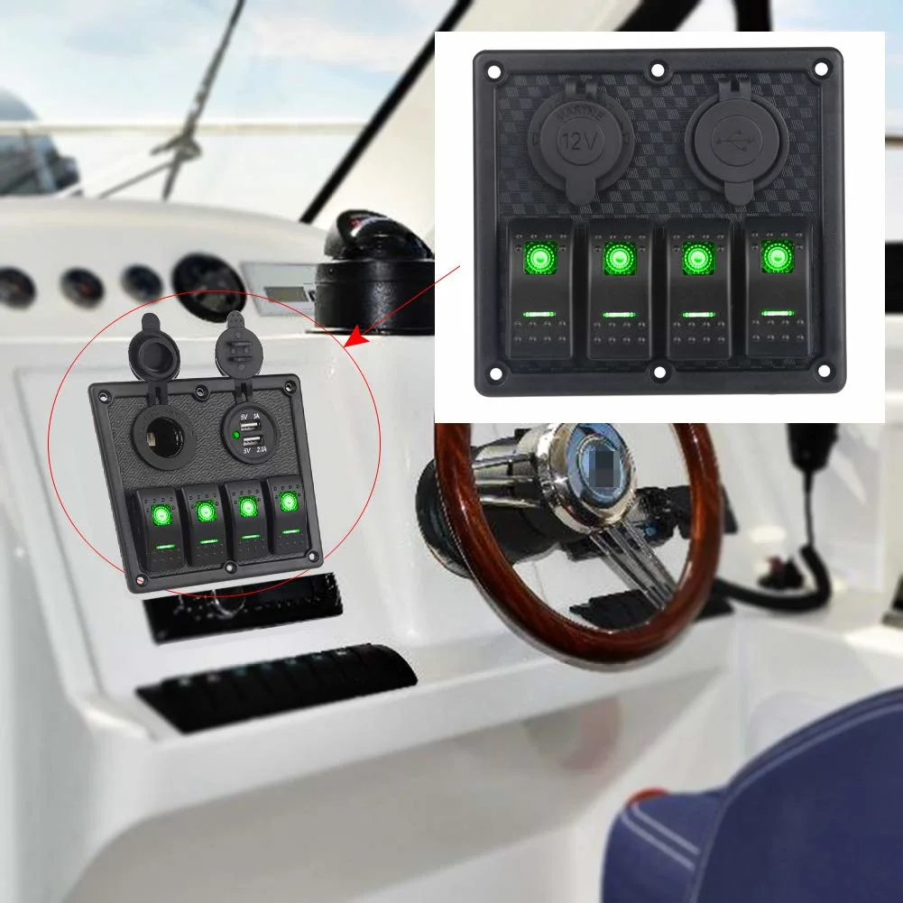 Waterproof 4 Gang Marine Ignition Rocker Switch Panel with Dual USB Charger Socket