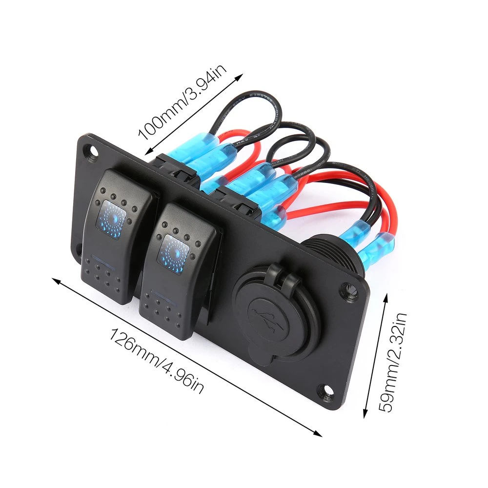 2 Gang Car Marine Boat 5 Pin LED Rocker Switch Panel with dual USB charger