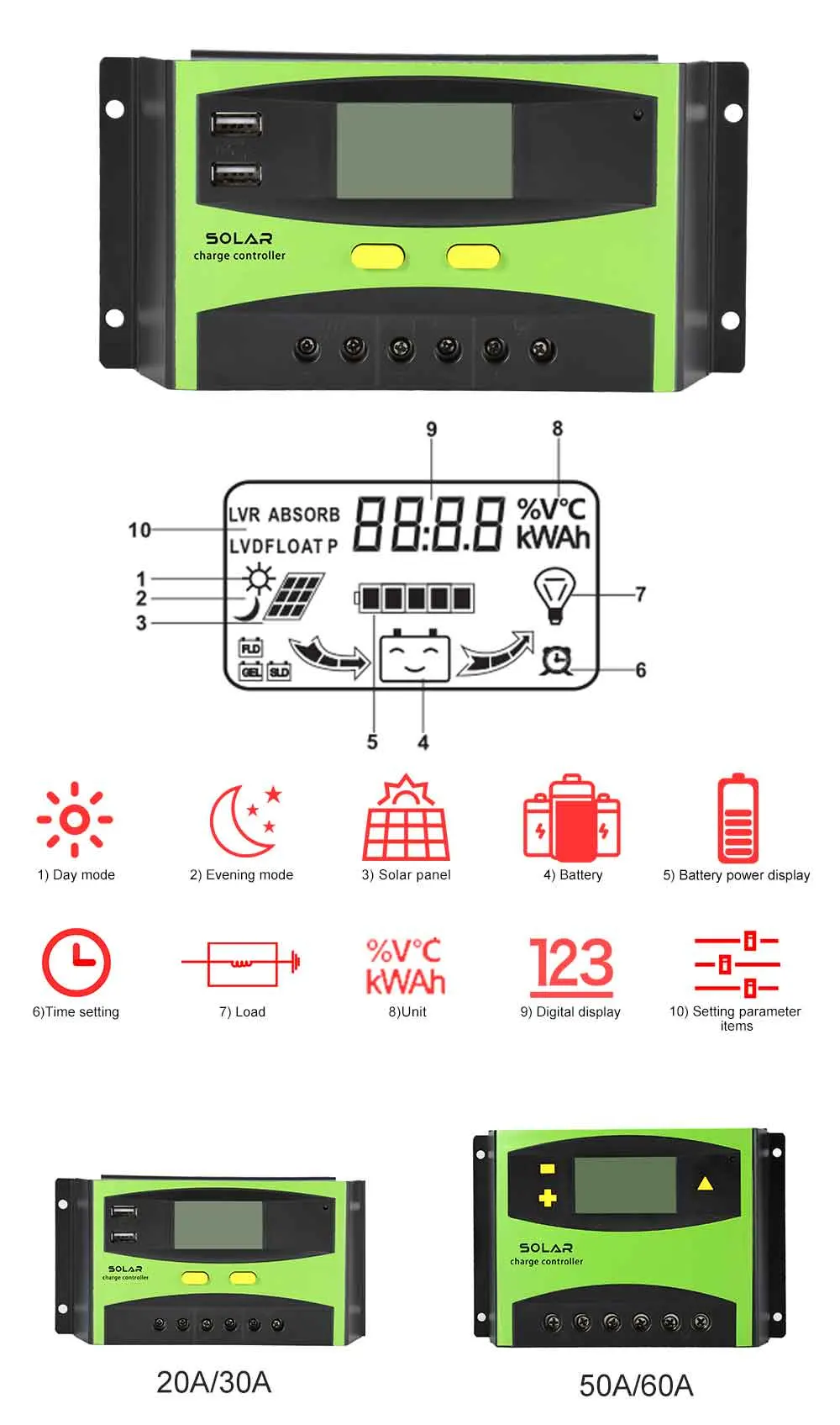 PWM 50A 60A 12V/24V DC to AC Solar Charger Controller 50A PWM with LCD Screen