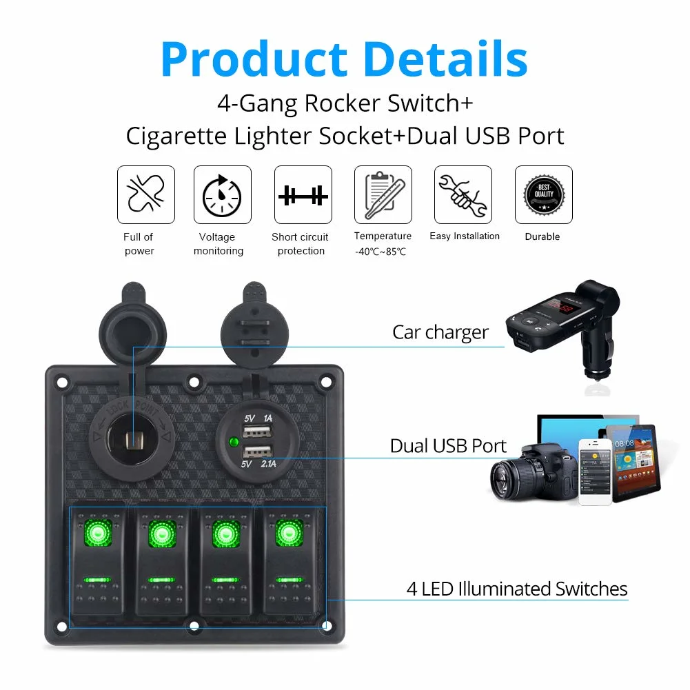 Waterproof 4 Gang Marine Ignition Rocker Switch Panel with Dual USB Charger Socket