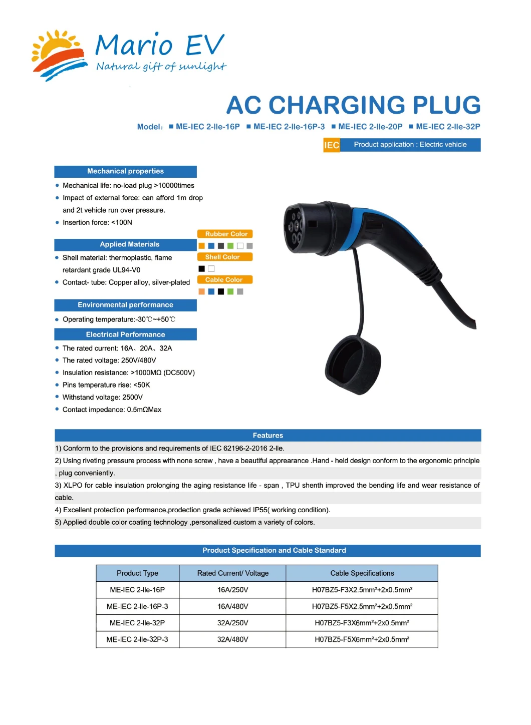 Electric Car Charging Station IEC Type2 16A 250V Portable EV Charger Electric Cars Quick Home Charger Type2 Female EV Charging Plug EV Charging Station