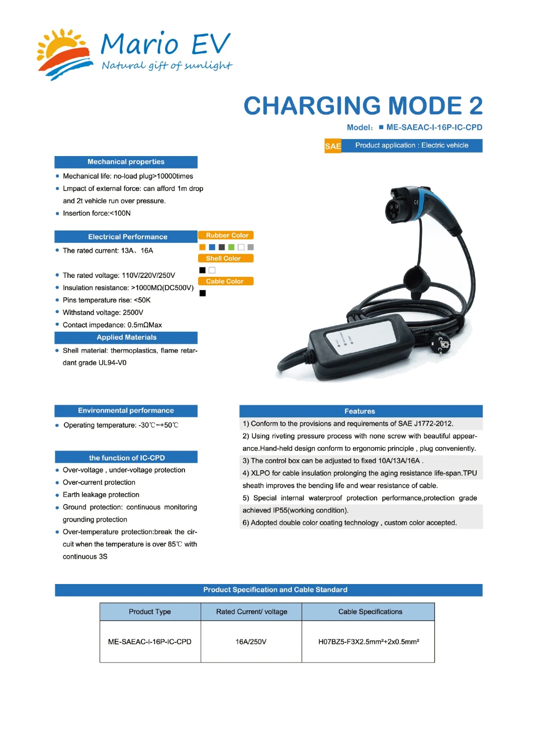 Mario-EV AC Charging Pile SAE Mode2 Type1 B 16A 250V Portable Charging Cable Electric Car Smart EV Charger Manufacturer EV Fast Charger 30kw