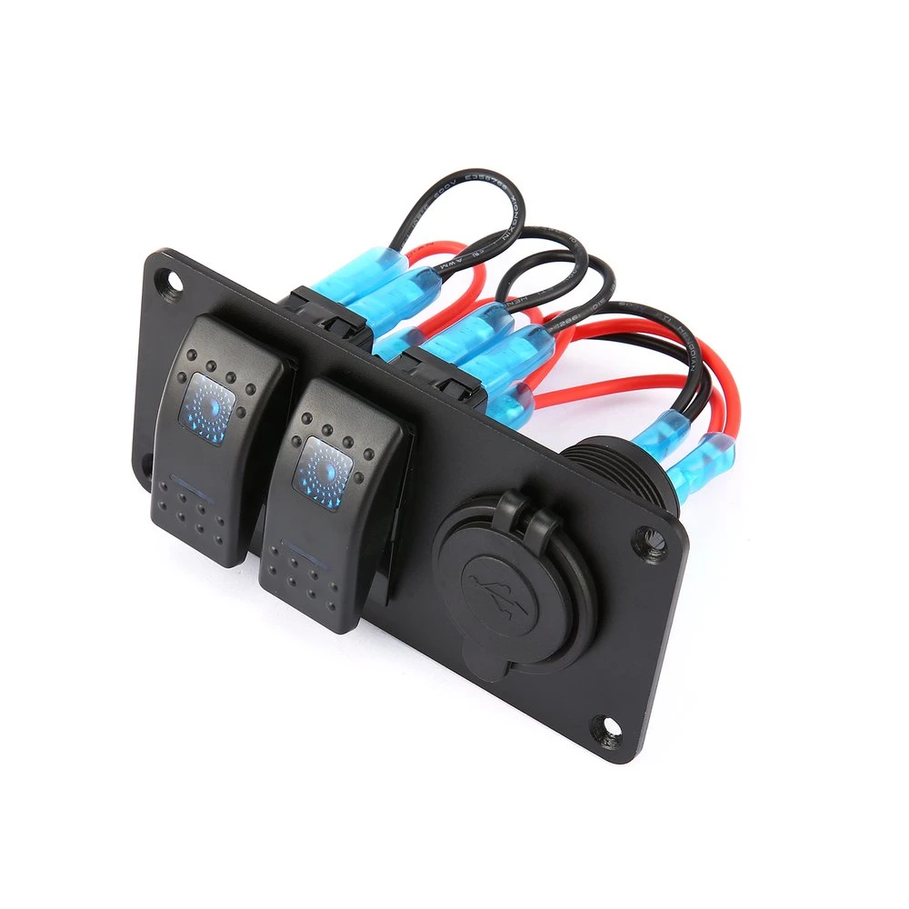 2 Gang Car Marine Boat 5 Pin LED Rocker Switch Panel with dual USB charger