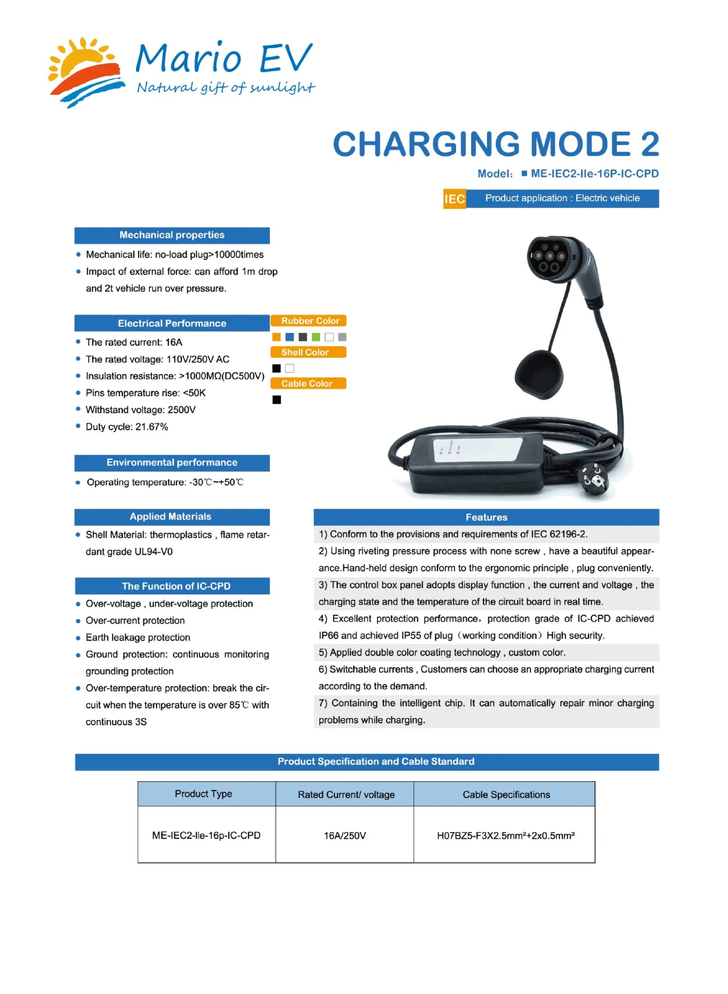 EV Fast Charger IEC Modo2 Tipo2 a 16A 250V Mobile EV Charger Wallbox Cargador De EV Coche Estaciones De Carga Electric Car Charging Cable