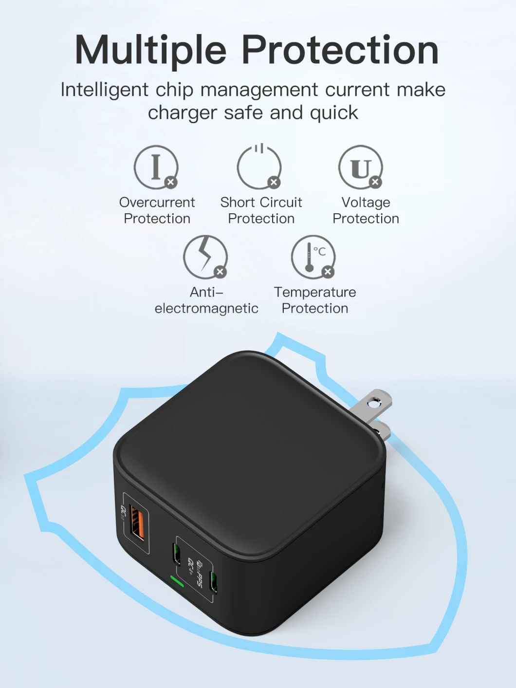 65W 3 Ports Fast Charger GaN Pd 3.0 Fast Wall Charger for Tablets