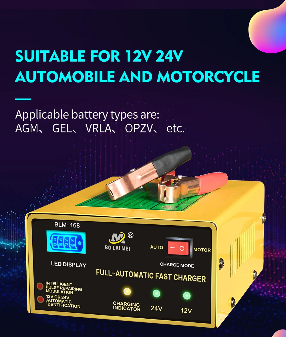 Automatic 12 V 24 V LED Display 5-Stage Intelligent Pulse Repair Motorcycle Car Battery Charger