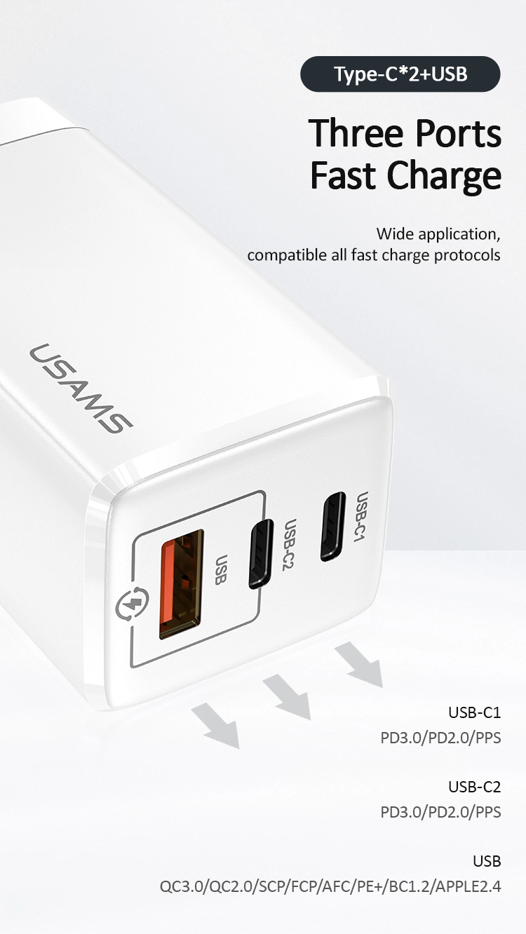Usams GaN Pd Fast Charger with 3 Multi Port USB Fast Charging USB C Charger 65W