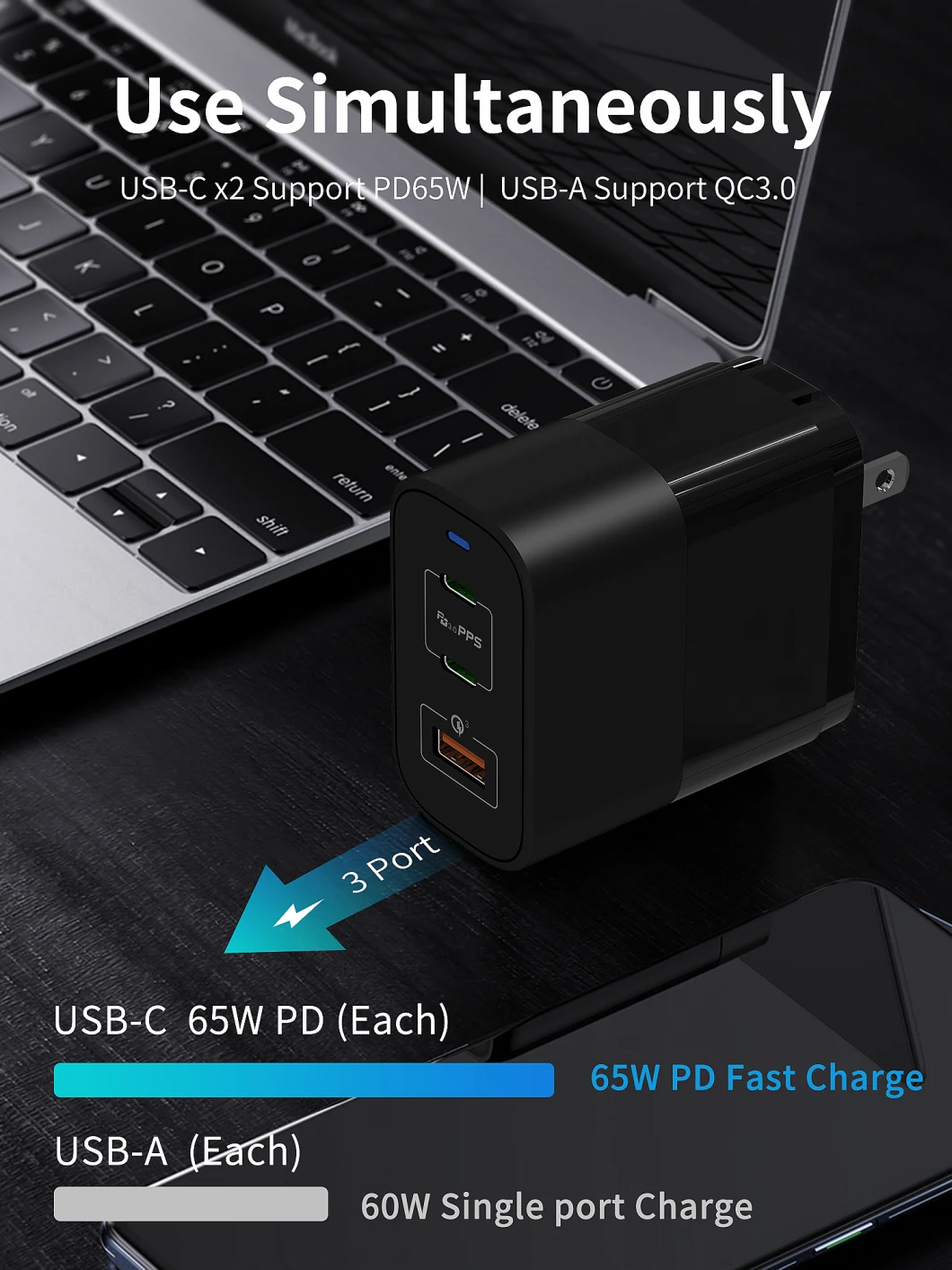 3 Ports Pd Charger 65W USB Fast Charger Quick Charger for Phone Laptop