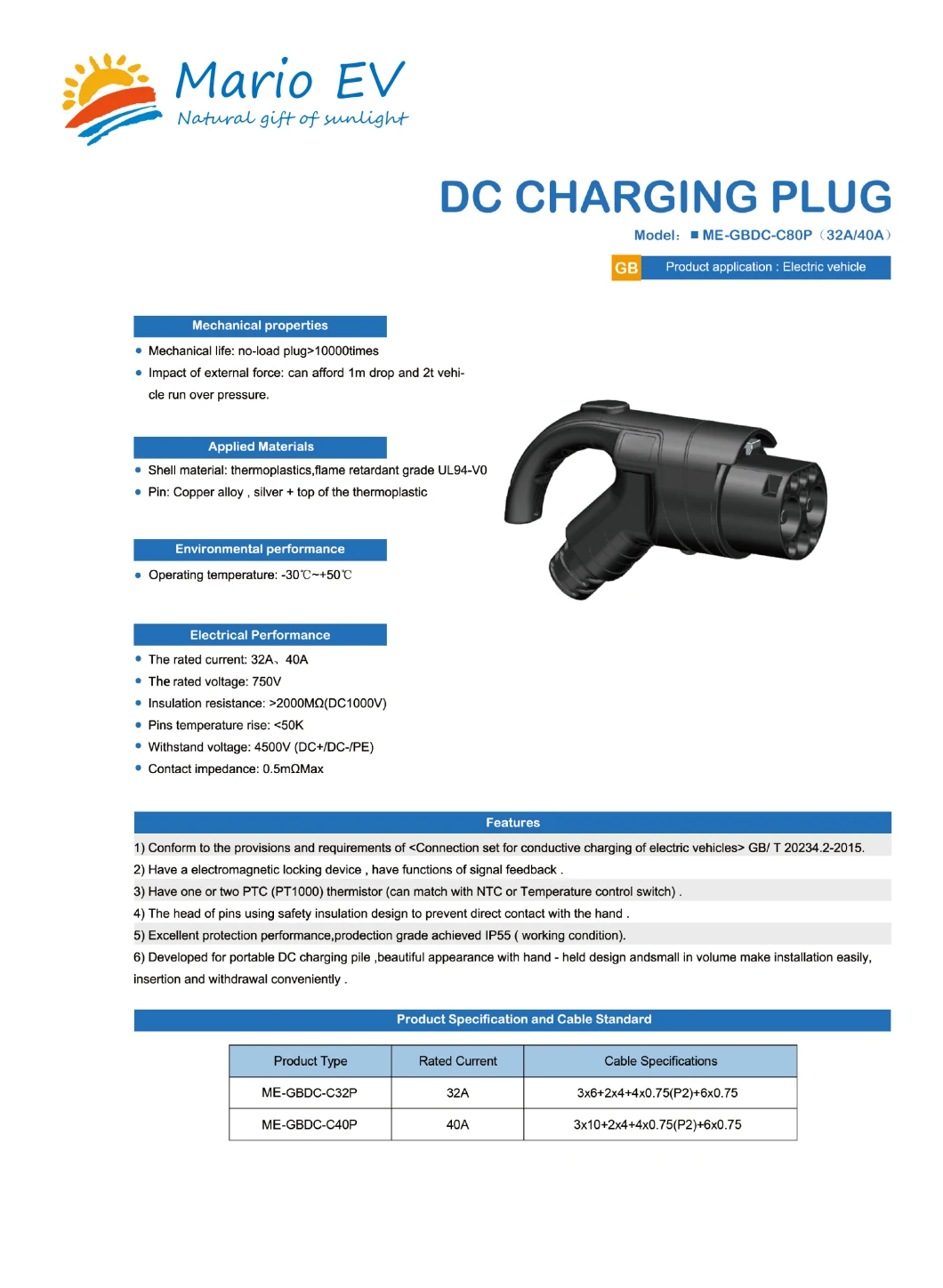 GB DC B EV Charger 32A 750V Electric Vehicle Charger EV Charging Station Three Phase Charger EV Charging Cable