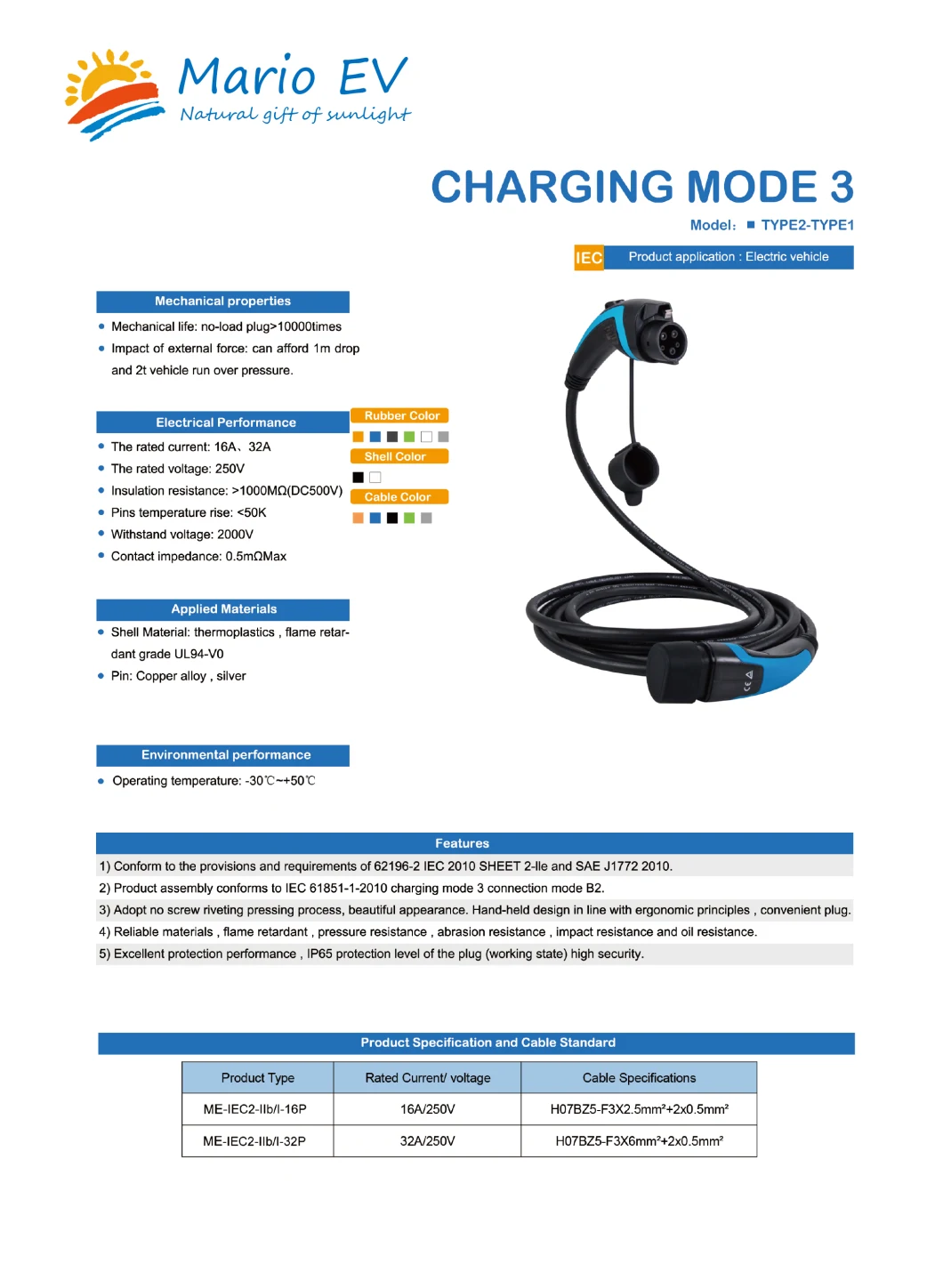 Ms EV Charger SAE Mode3 Type1 to Type2 16A 250V AC EV Charger for EV Charging Station Home Use and Commercial Use EV Charger