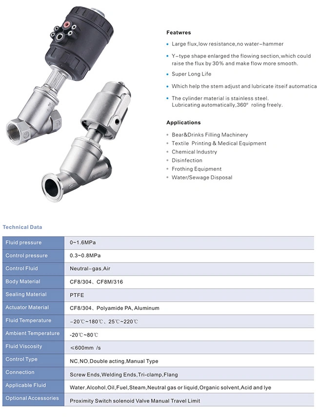 Piston Operated Clamp Pneumatic Control Welding Angle Seat Valve