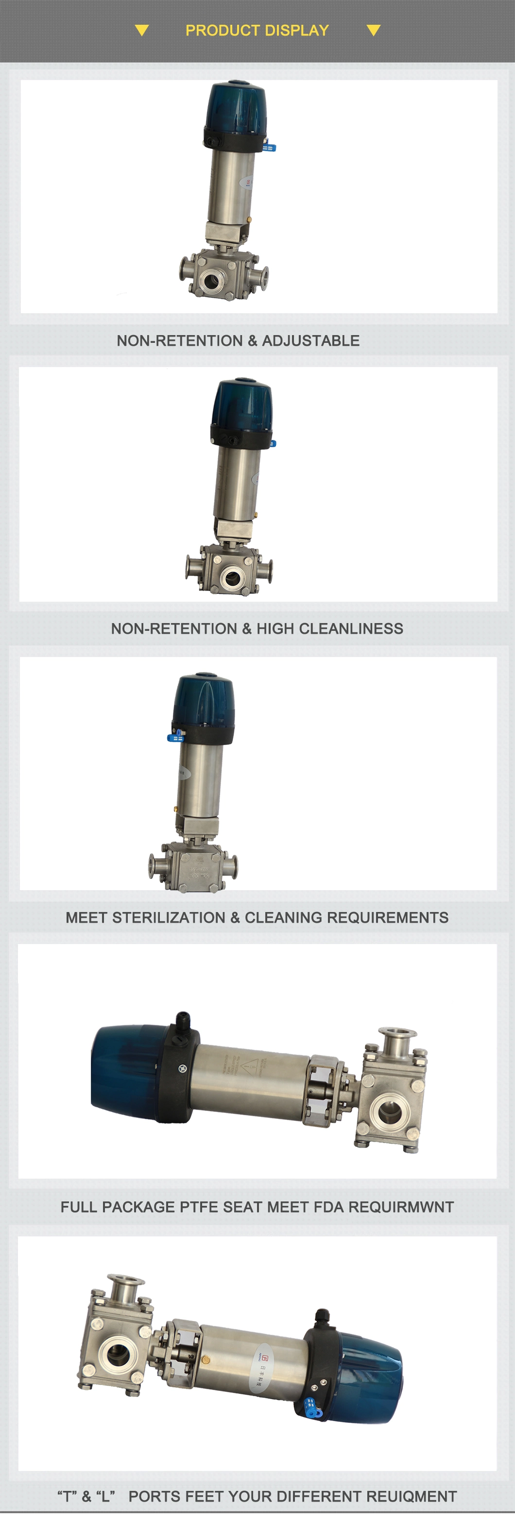 RF Hygiene Stainless Steel Quick Install Food Grade Dn50 Three Way Full Package Pneumatic Ball Valve