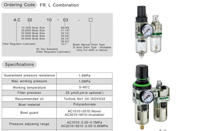 SMC AC3010-02 PT1/4 Pneumatic Air Frl Unit Pneumatic Air Filter Regulator Lubricator