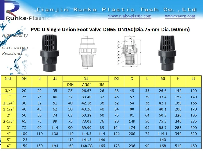High Quality Plastic Pipe Foot Valve PVC Bottom Valve UPVC Pipe Foot Valve PVC Single Union Foot Valve DIN Standard DN65-DN150