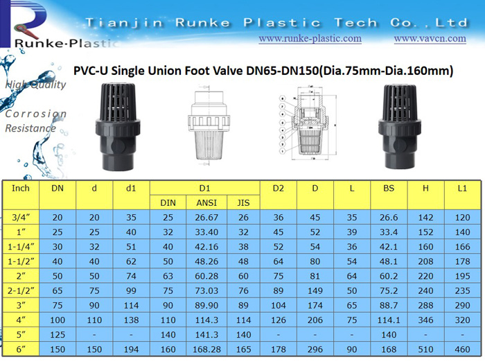 High Quality Plastic Pipe Foot Valve PVC Pipe Single Union Foot Valve UPVC Swing Foot Valve UPVC Single Union Bottom Valve DIN Standard DN65-DN150