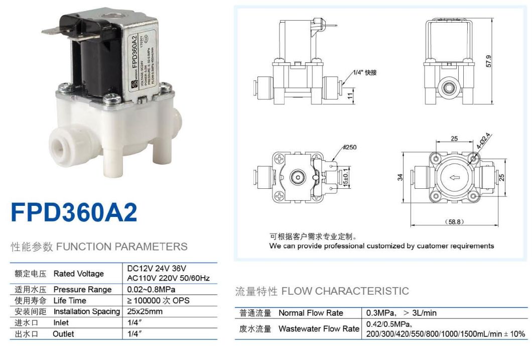 24VDC Water Valves Meishuo Fpd360A2 Combined Flushing Food Grade Plastic Solenoid Valve