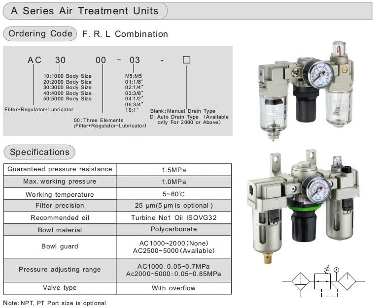 Air Source Treatment Unit AC Series AC3000 Air Filter F. R. L Combination AC4000 Compressed Air Filter/Regulator/Lubricator