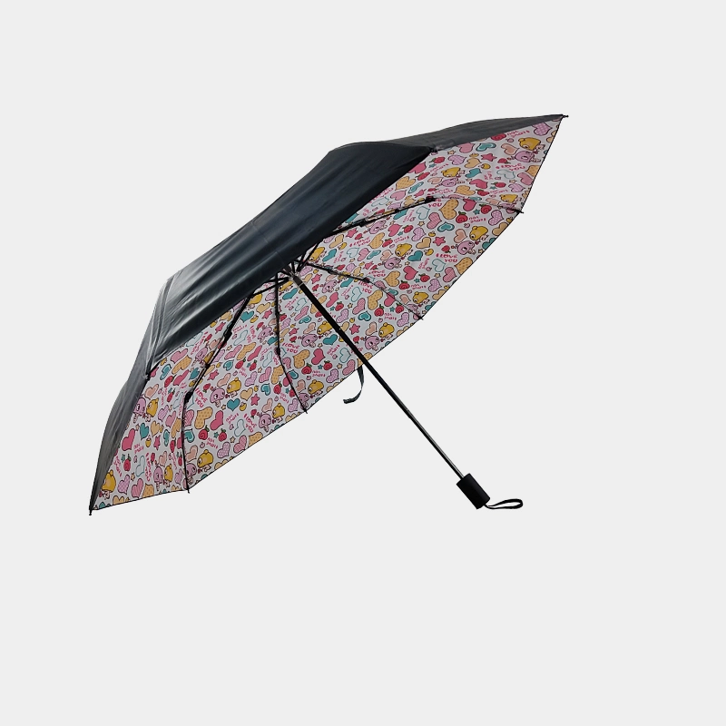 Outside Black Coated UV Protection Three Folding Windproof Custom Umbrella