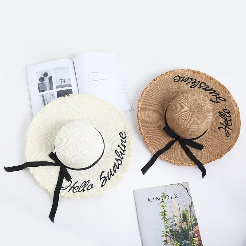 2019 New Straw Hat,Bow Straw Hats,Embroidery Hello Sunshine Beach Hats,Big Eaves Hats, Dome Sun Protection Caps, Beach Alphabet Hats,Beach Sunshade Straw Hat