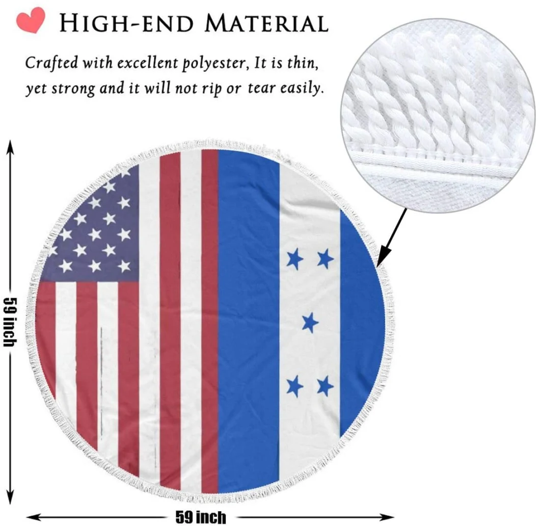 Round Beach Towel American and Honduras Flag Beach Blanket Beach Round Yoga Mat Oversized Tassels Beach Towel 59 Inches