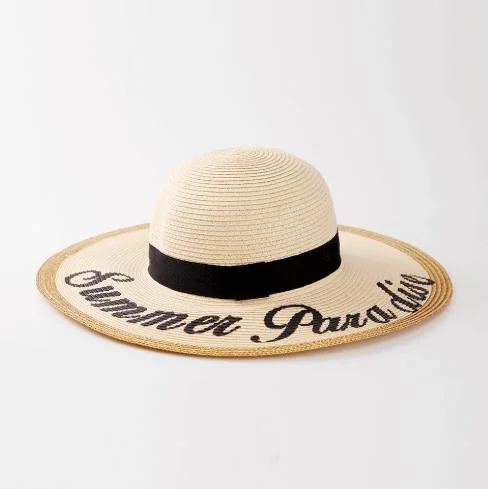 Summer Sunshade Ladies Straw Hat with Printed String Women Beach Hat