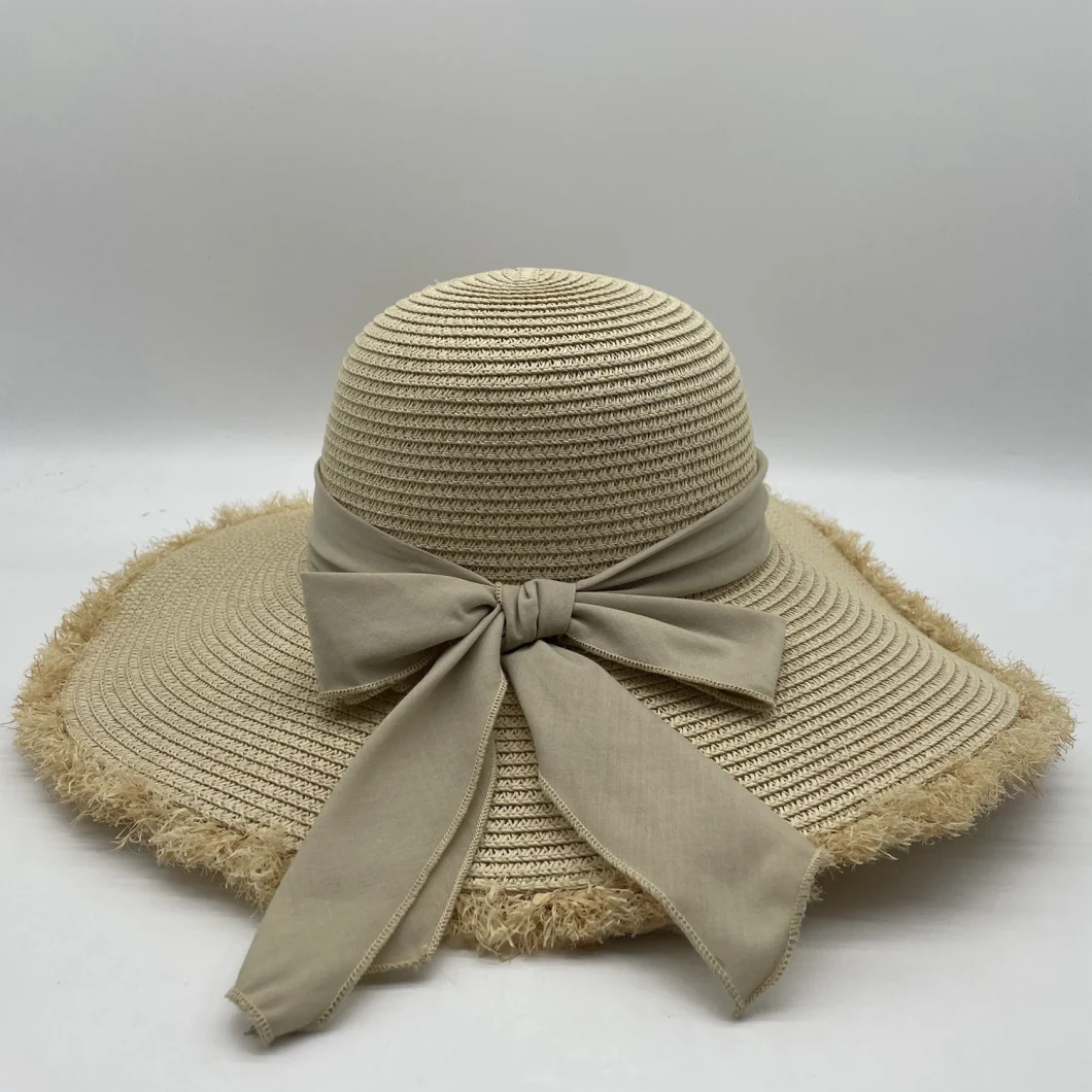 Women Promotional Wholesale Plain Dyed Paper Striped Bowknot Rope Beach Wide Brim Straw Hat