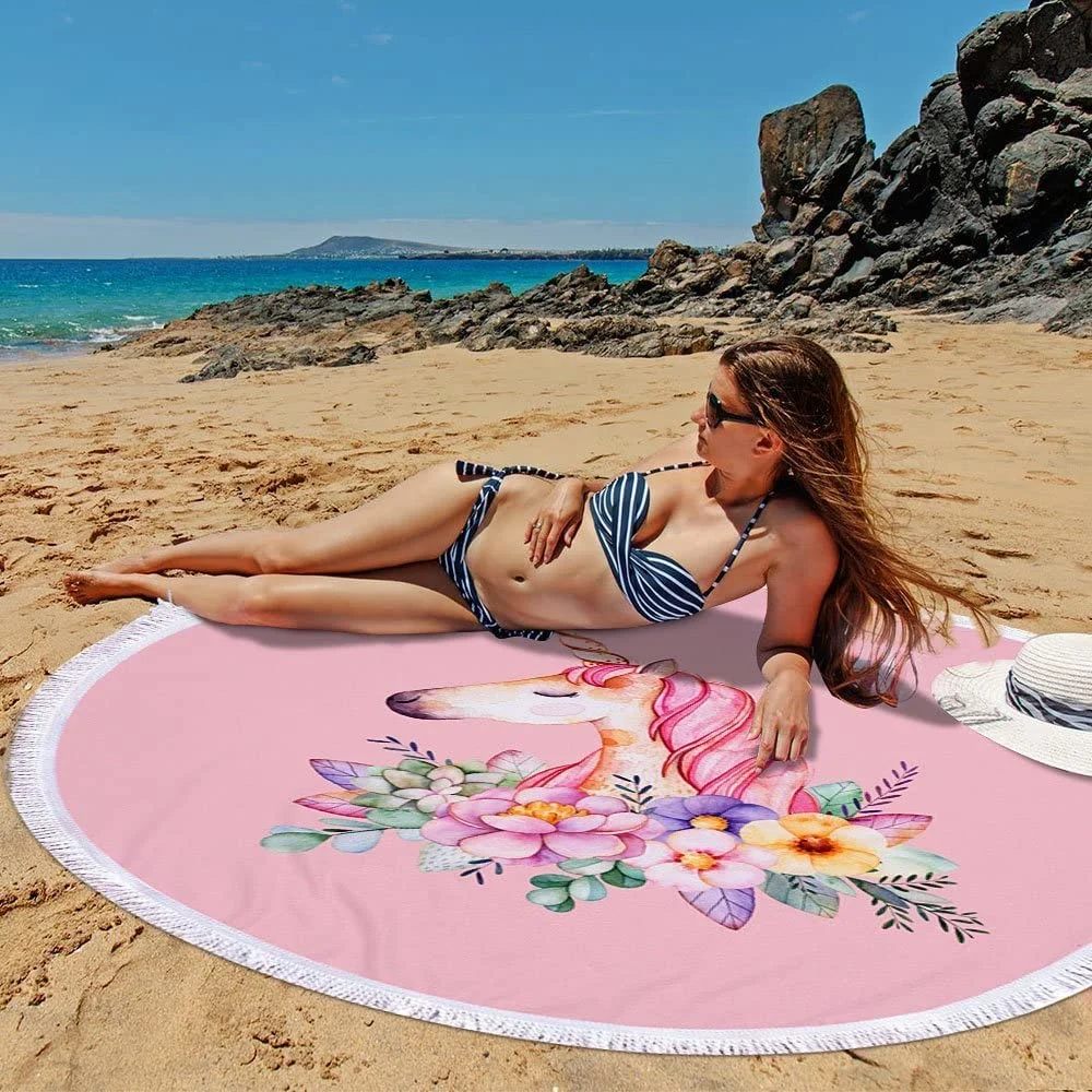 Minilife Unicorn Beach Towel for Women&Girl, Ultra Soft, Sand Free Towel (59in Extra Large Round Beach Towel Blanket) Use for Bath/Pool/Beach Times (Unicorn)