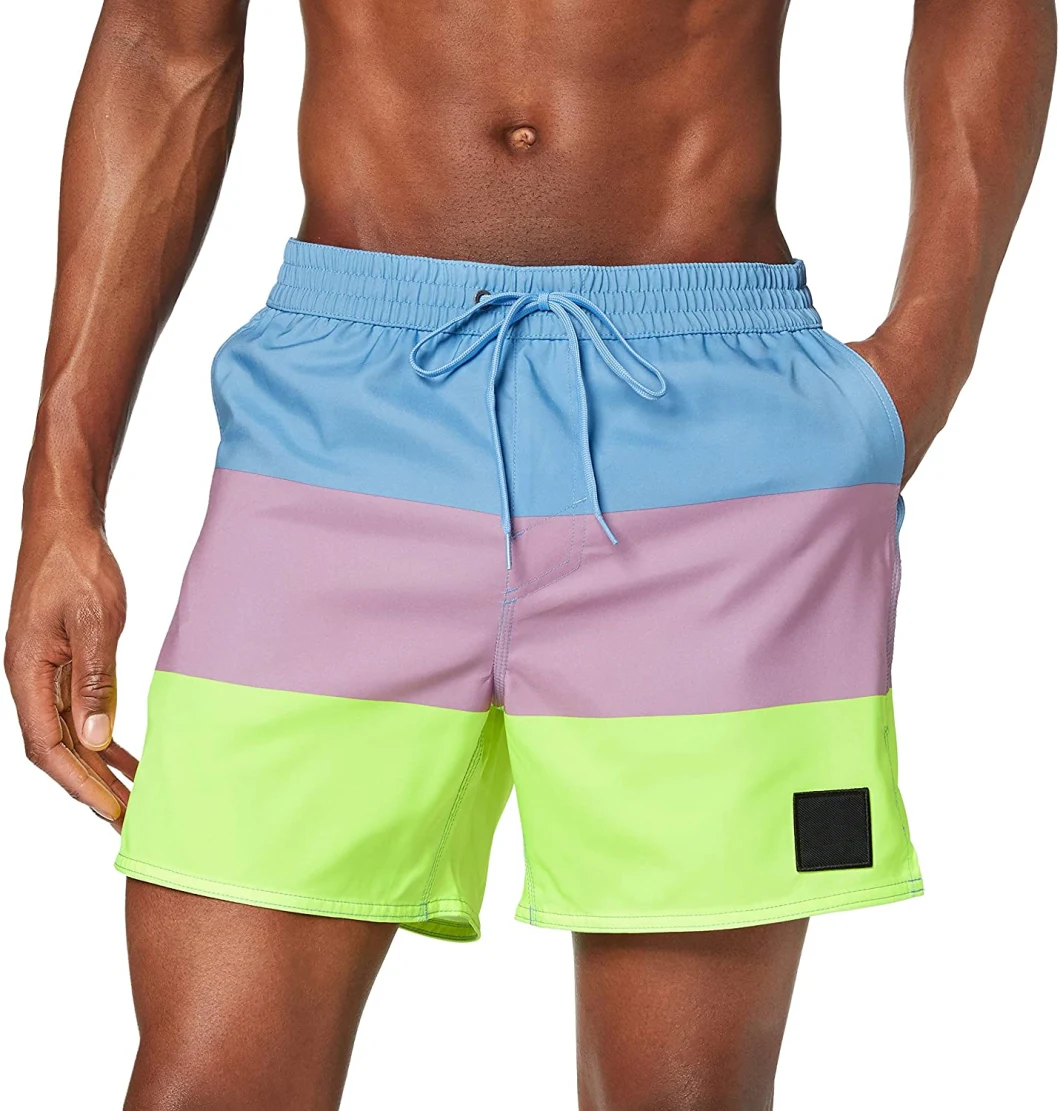 RPET Wholesale Custom Waterproof Mens Shorts Trunks Colortful Blue and Pink Striped Sports Beach Shorts