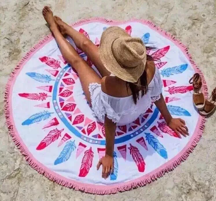 Custom Printing Design Microfiber or 100% Cotton Round Beach Towels with Tassels Fringe