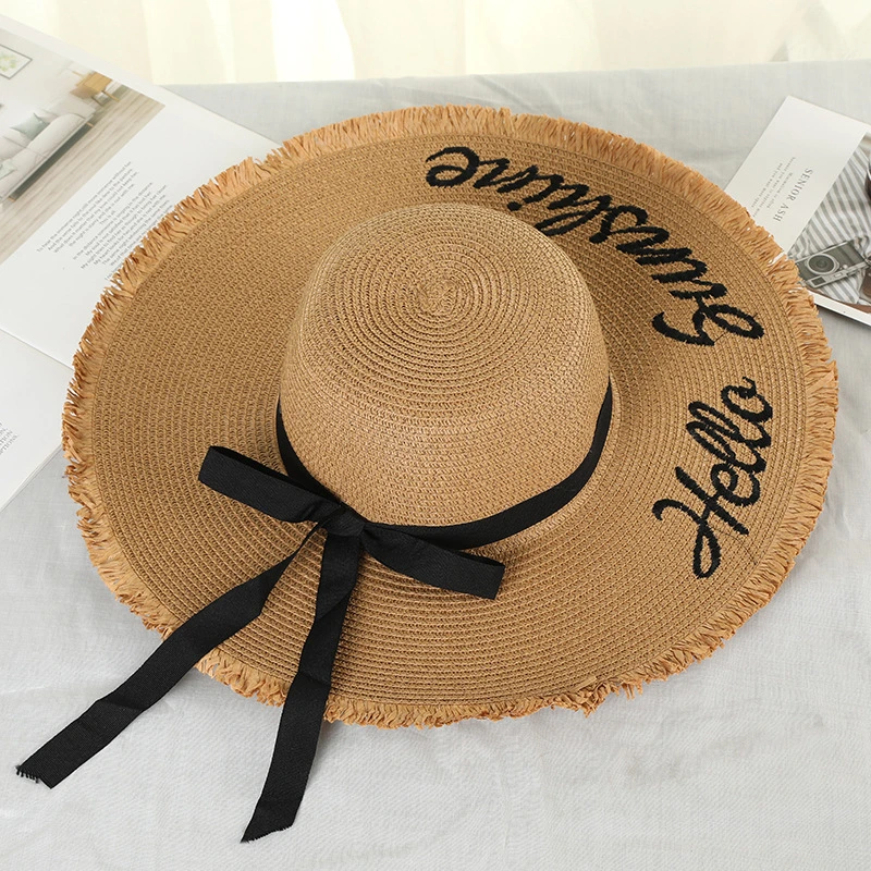 2019 New Straw Hat,Bow Straw Hats,Embroidery Hello Sunshine Beach Hats,Big Eaves Hats, Dome Sun Protection Caps, Beach Alphabet Hats,Beach Sunshade Straw Hat