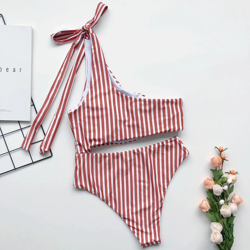 New Sexy Beach Bikini Single Shoulder Striped One-Piece Swimsuit