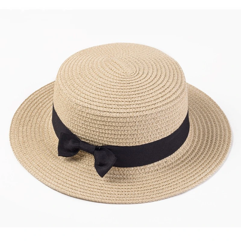 Ribbon Round Flat Top Straw Ladies Beach Caps Summer Hats