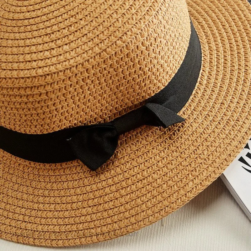 Lady Boater Sun Caps Band Round Flat Top Straw Beach Hat