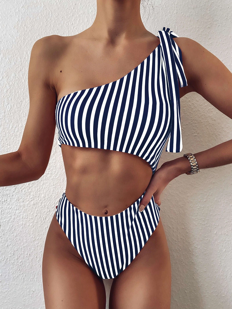 New Sexy Beach Bikini Single Shoulder Striped One-Piece Swimsuit