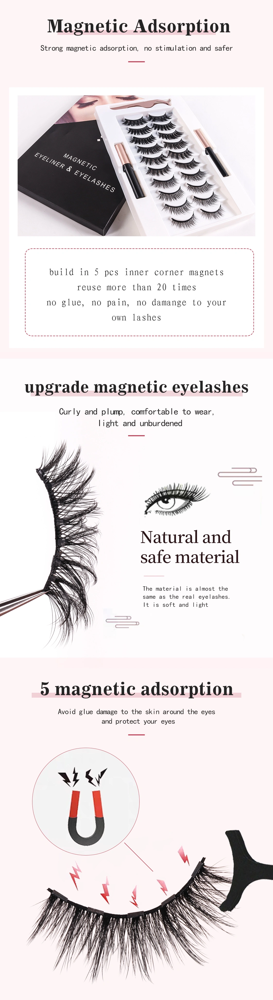 Newest 3D 5D Synthetic Magnetic Eyeliner Eyelashes Extension Mink Silk Lashes OEM Faux Mink False Eyelashes