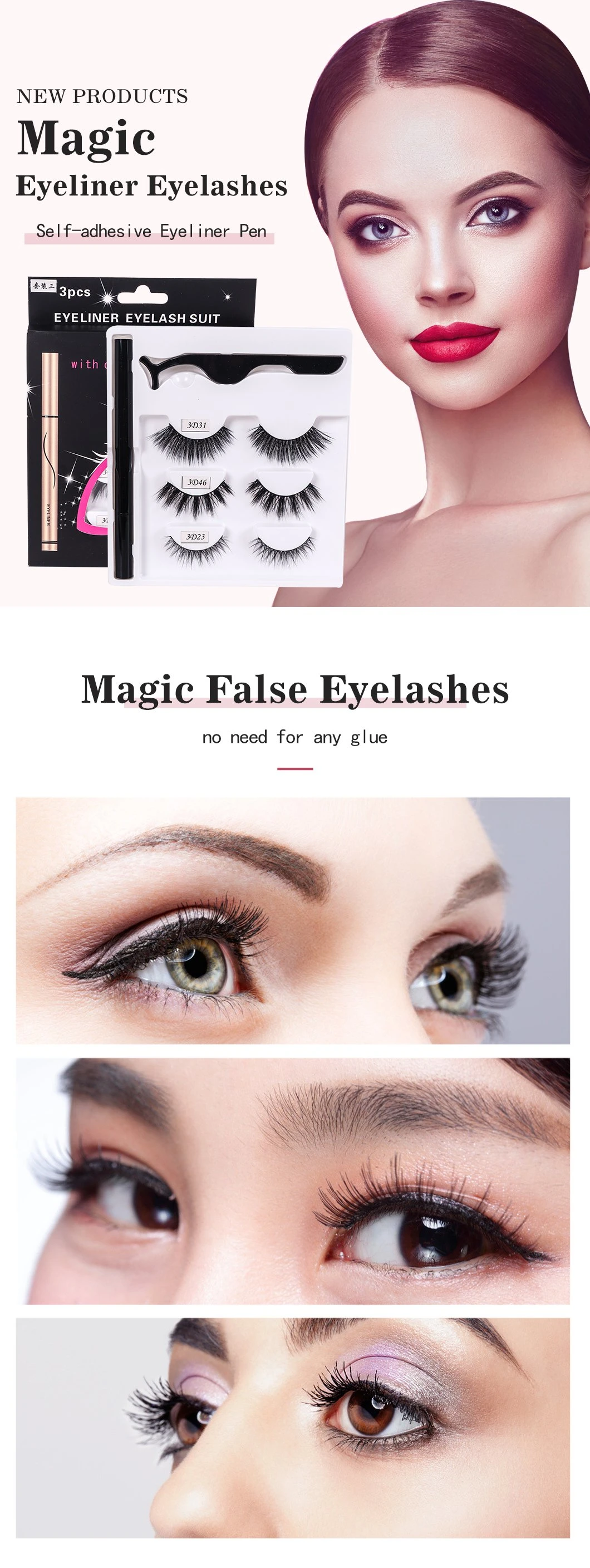 Magic Glue Free Eyeliner Pen 3 Pairs 3D Mink False Eyelash Adhesive Eyeliner Eyelashes