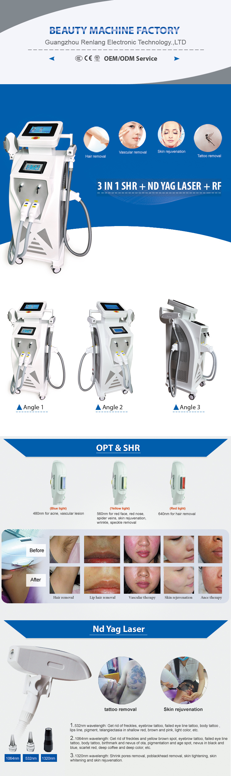 3 in 1 IPL Shr RF ND YAG Laser Hair Removal Tattoo Removal Wrinkle Removal Machine