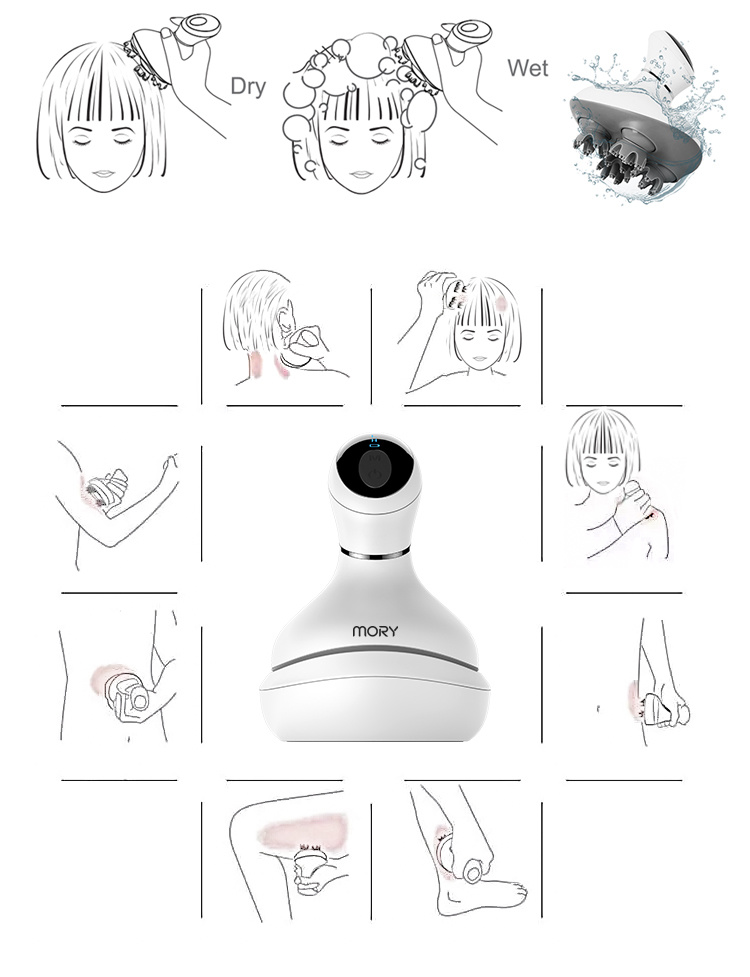Mory Hand Held Massager Full Body Massager Device Machine Silicon Electric Rotating Vibrating Head Scalp Massager Brush