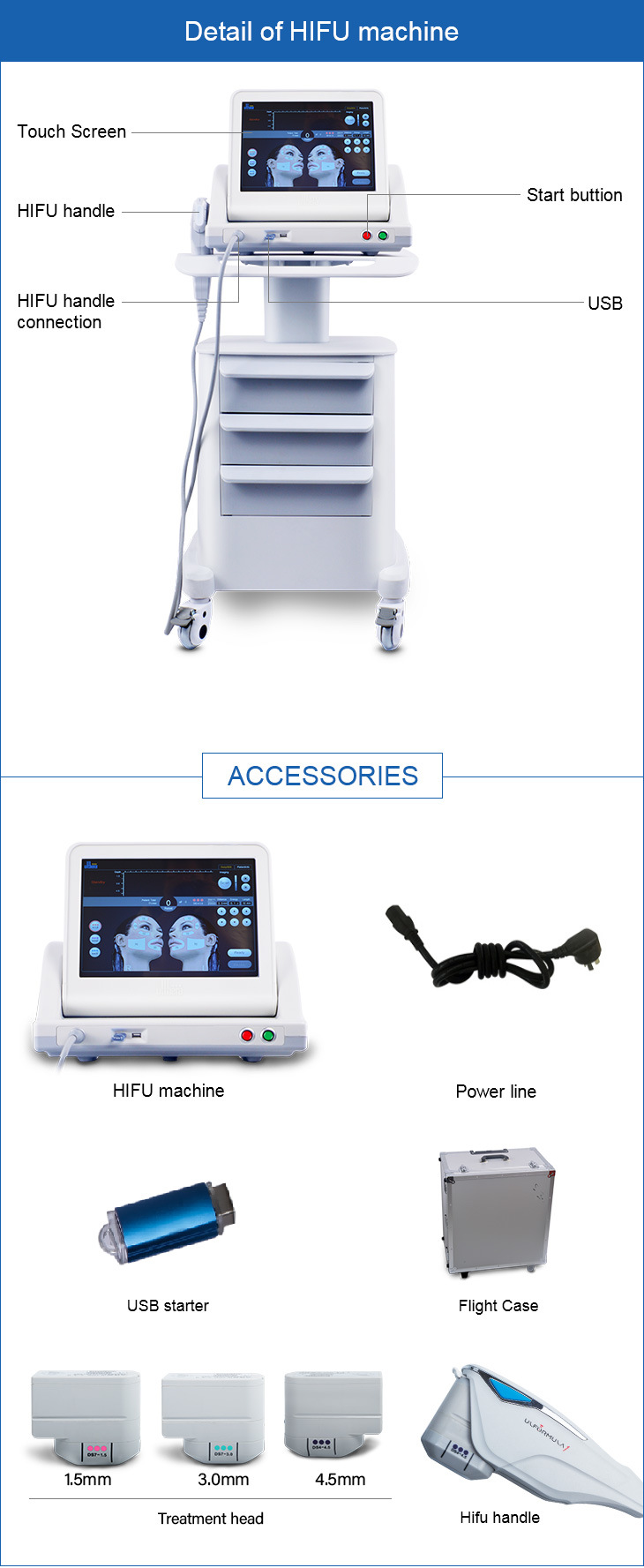 Face Lifting Hifu Machine with 5 Hifu Cartridges for Wrinkle Remover Skin Tightening