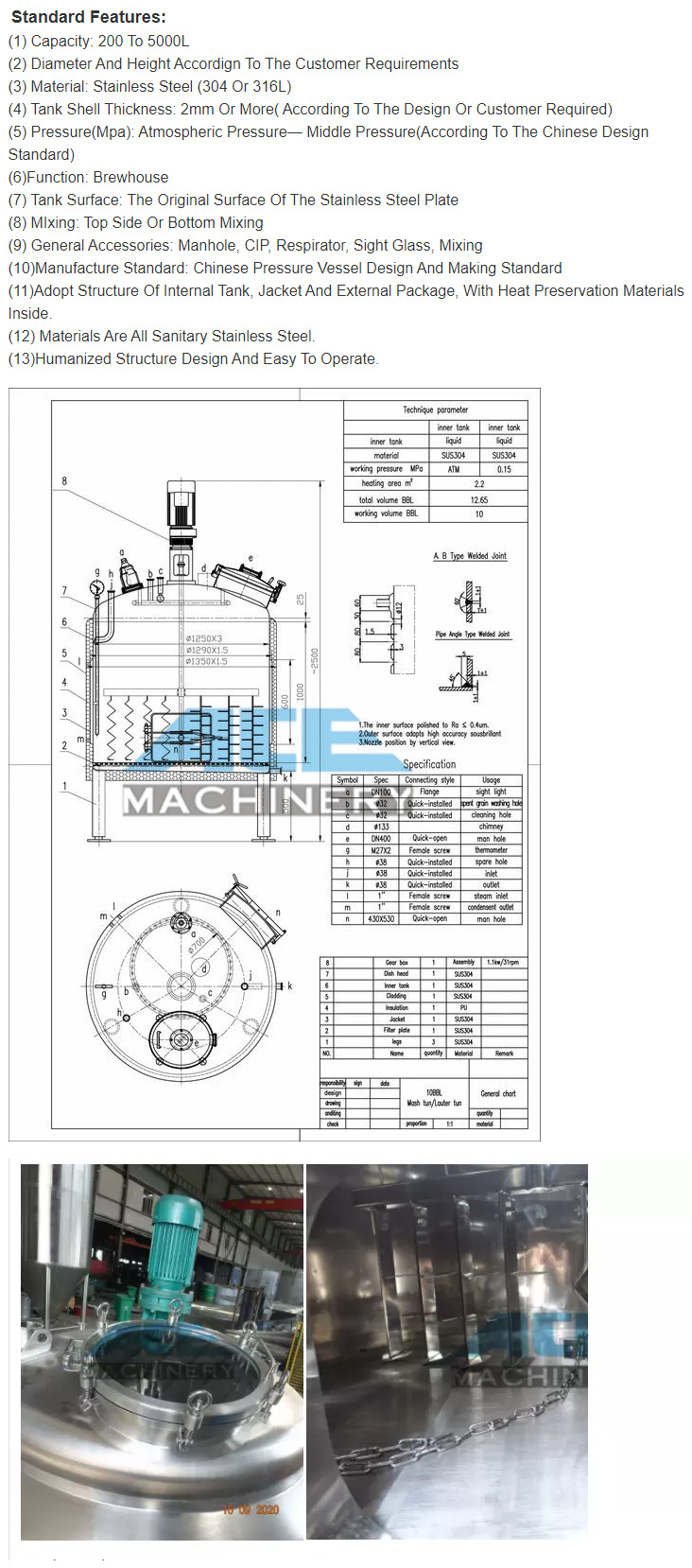 300L 500L 1000L Stainless Steel Fermentation Beer Brewery Equipment Micro Brewing Machine Turnkey Project /Fermenter Beer Equipment